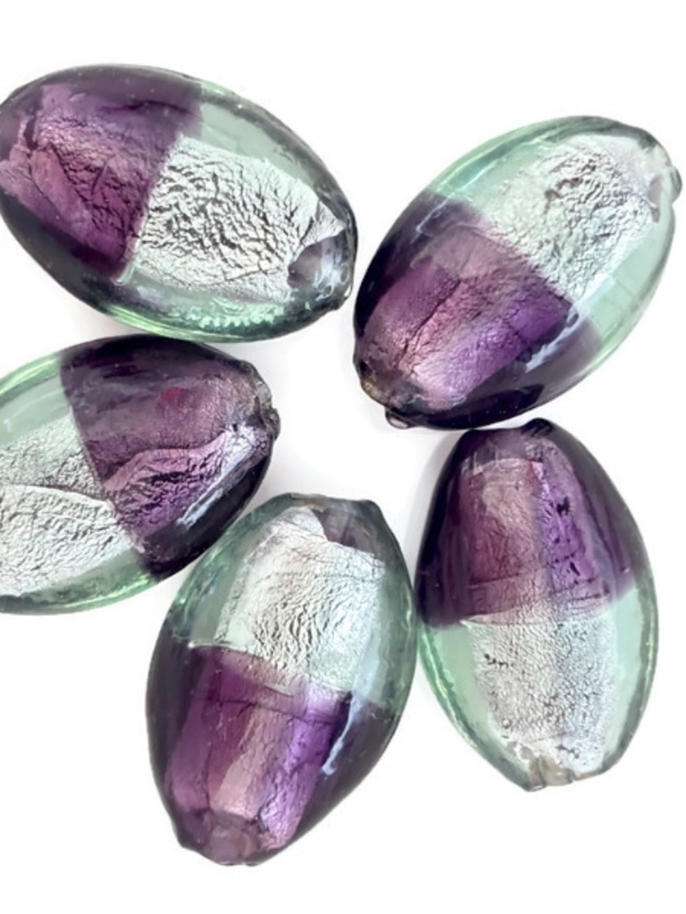 As Low As $2 Lt Mint Purple Silver Lined Handmade Lampwork Oval Beads 25mm (5)